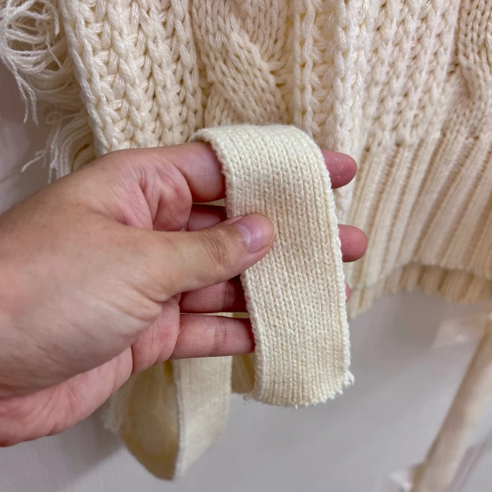 SAGE THE LABEL Fringed Cable-Knit Turtleneck Sweater in Ivory/Cream - SIZE M - Picture 13 of 16